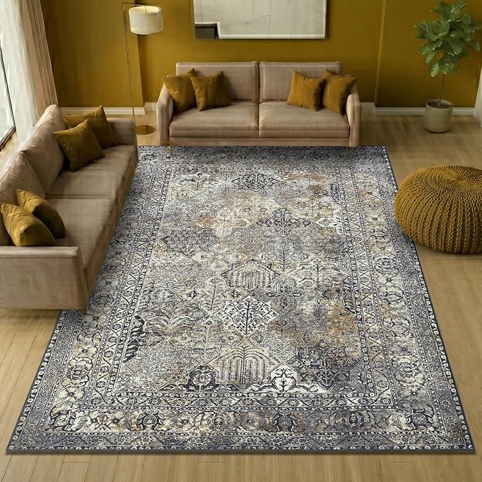 Keen Home Design 6x9 Rug - Machine Washable Area Rug with Non-Slip Backing, Ideal for Living Room, Dining Room, Bedroom - Vintage, Easy Clean, Durable, Low Pile Rug - (6' x 9')