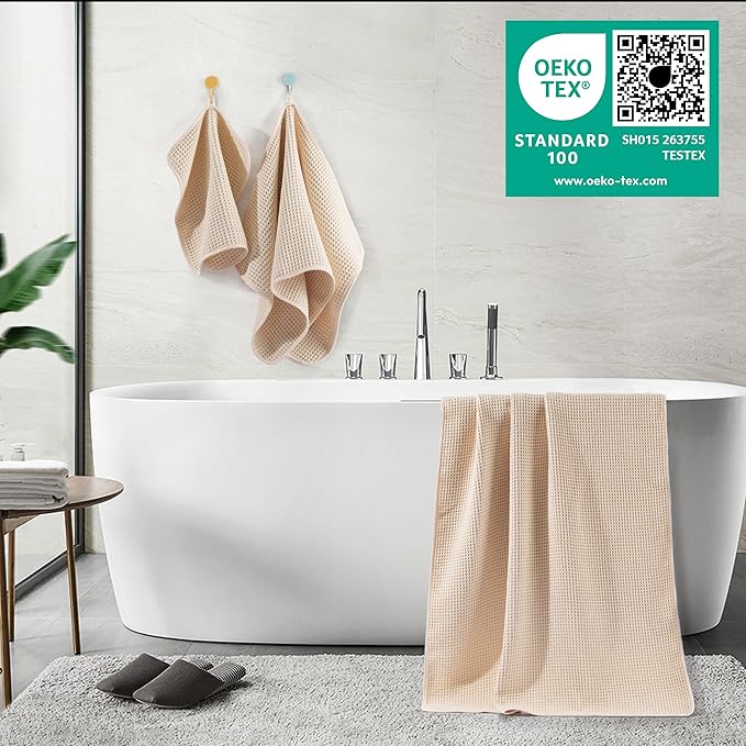 POLYTE 430 GSM Microfiber Quick Dry Lint Free Oversize Bath Towel Set, 6 Piece (Waffle Weave)