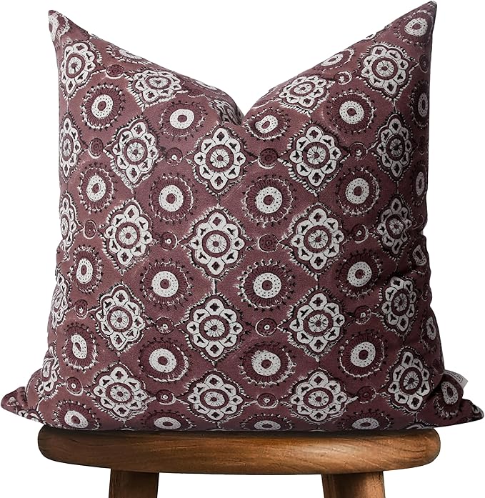 Handmade Block Print 100% Thick Cotton 20 x 20 inch Throw Pillow Cushion Cover with Zipper - Pillowcase for Bedroom, livingroom, Couch, Sofa, Outdoor, Chair, Bed, Home Décor-Uma (Teracotta Pink)