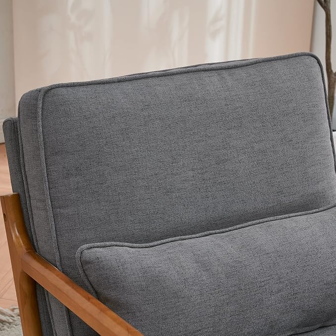 Karl home Mid-Century Modern Accent Reading Chair, Grey | Linen Upholstered, Solid Wood Frame, Soft Cushion, Lumbar Pillow, Lounge Armchair for Living Room, Bedroom, Balcony, Study