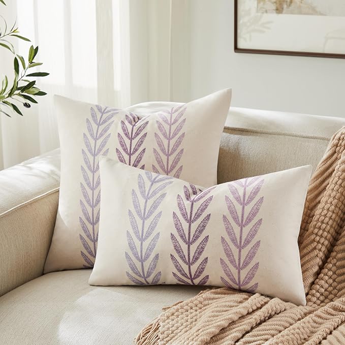 100% Cotton Farmhouse Leaves Throw Pillow Covers Set of 2, 24x24 Inch Mixed Purple Pastoral Decorative Print Cushion Covers for Sofa Bed Living Room Home Decor