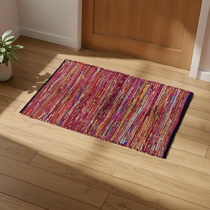 Ramanta Home Cotton Chindi Hand Woven Rug - 2x3 ft Multi Color, Reversible Area Rugs for Indoor, Outdoor, Living Room, Kitchen, Entryway | Boho Door Mat for Home Decor - 24x36 Inches