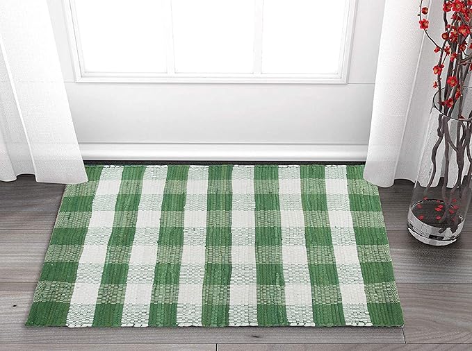 GLAMBURG Cotton Buffalo Check Plaid Washable Handwoven Checkered Welcome Door Mat 18x30 for Kitchen Bathroom Outdoor Porch Laundry Living Room, Farmhouse Reversible Rag Rug Green White