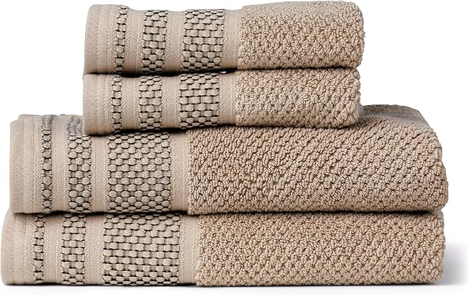 Texere 100% Organic Cotton Rice Weave Jacquard 700 GSM Luxury Bath Towel Sets - Ultra Soft and Absorbent Hotel and Spa Quality (Rice Weave, Oxford Tan, 2 Hand & 2 Face Towels)