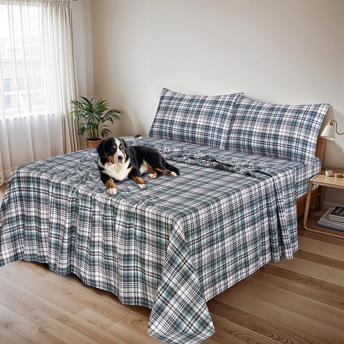 RUVANTI Flannel Sheets King Size - 100% Cotton Double Brushed King Size Sheets Set - Deep Pockets 16 Inches Bed Sheets - All Seasons Breathable & Extra Soft - Warm & Cozy, 4 Piece, Mint Grey