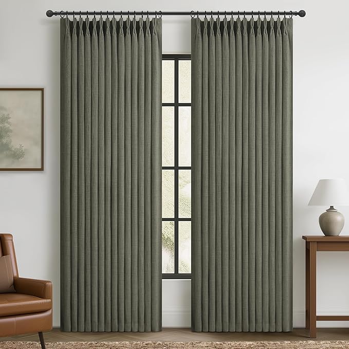 100% Blackout Greenish Gray Curtains 90 Inches Long for Kids Room, Memory Shape Pinch Pleated Natural Linen 40 x 90 Inch Length Aesthetic Curtain Privacy Light Block Window Drapes for Nursery Panels 2