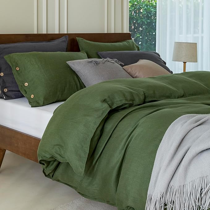 EVERLY 100% Linen Pillowcases Set of 2, French Linen from Normandy, 20X26Inch Standard Size, Natural Color, Coconut Buttons Closure, Flax Pillowshams-Pillowcase-Mossy Green