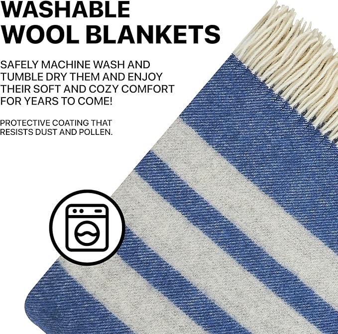 | Wool Blanket/Throw | 100% New Zealand Wool | Perfect for Home and Outdoors | Virgin Wool Blanket with Fringes 55"x79" (140 x 200 cm) (Indigo Blue)