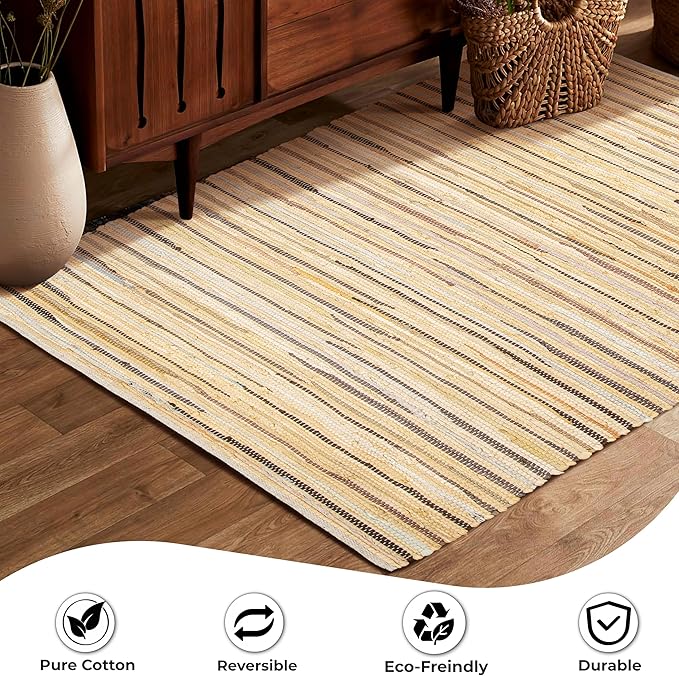 Ramanta Home 100% Cotton Hand Woven Tonal Chindi Rag Rug 3'x5' - Beige, Recycled Reversible Rug, Boho Rustic Farmhouse Rugs for Living Room, Dinning Room, Kitchen Floor Mats - 36"x60"