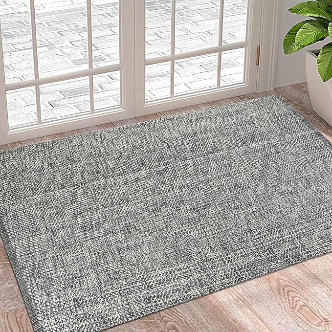 LEEVAN Washable Grey Entryway Rug 3x5, Cotton Woven Kitchen Living Room Rugs, Modern Indoor Door Mat, Farmhouse Laundry Room Rugs Reversible Throw Carpet for Nursery Playroom Entry Bathroom Bedroom