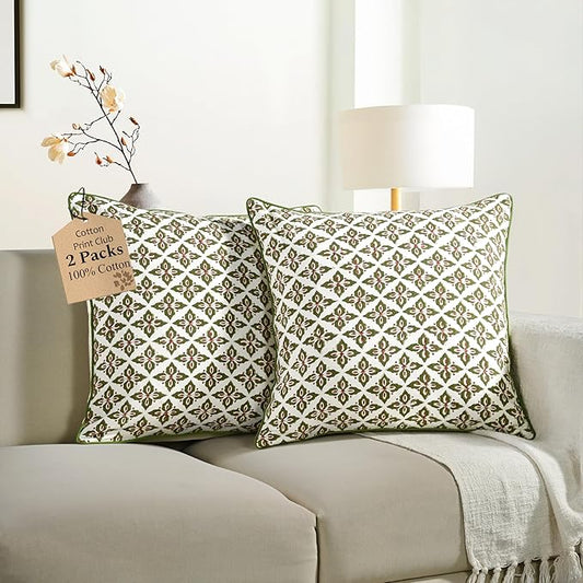 CPC Throw Piping Pillow Covers for Couch, 24x24 Inch Pillows for Living Room, 100% Cotton Boho Cute Outdoor Pillows, Flower Cushion Covers Gift for Spring, Easter - Farmhouse Verde Trellis