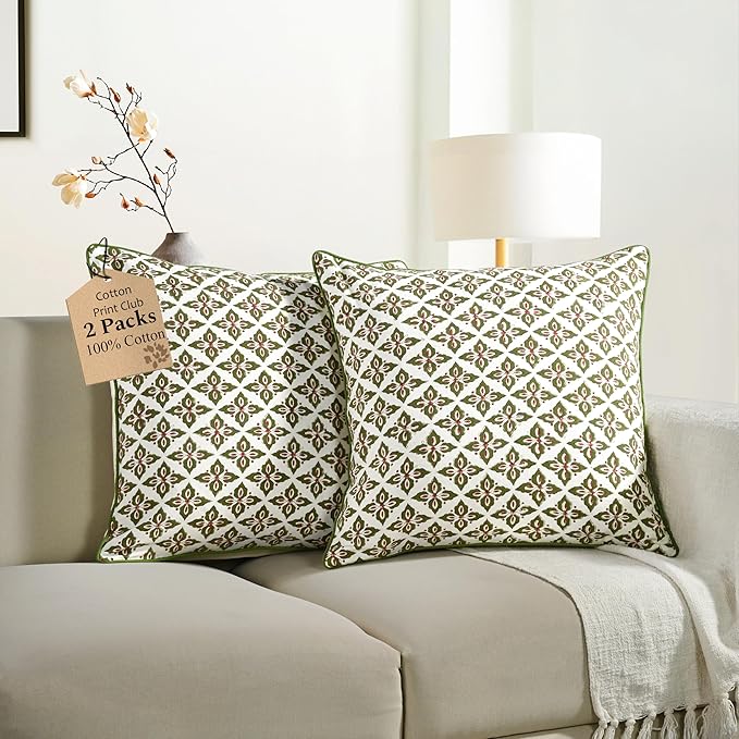 CPC Throw Piping Pillow Covers for Couch, 20x20 Inch Pillows for Living Room, 100% Cotton Boho Cute Outdoor Pillows, Flower Cushion Covers Gift for Spring, Easter - Farmhouse Verde Trellis