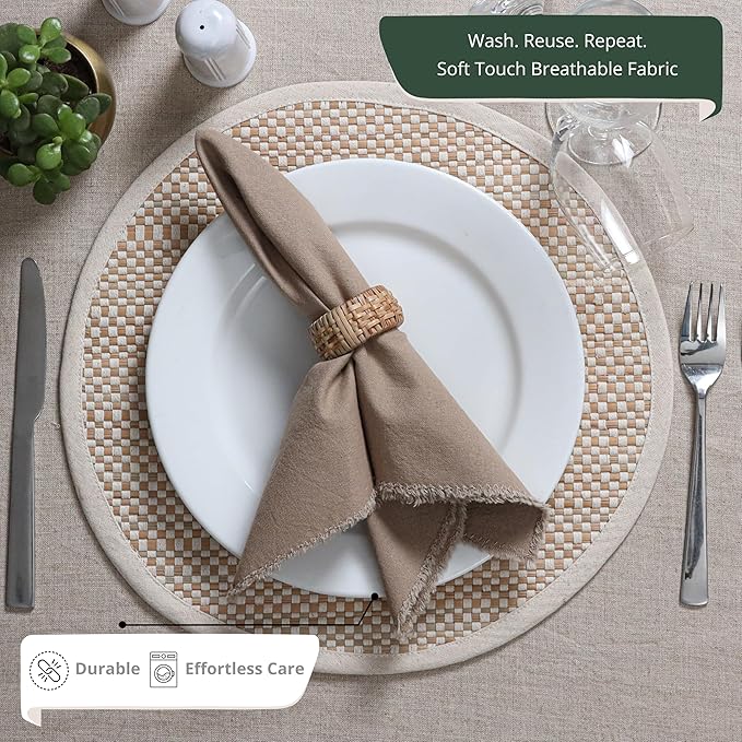 Ramanta Home Cloth Napkins Set of 12 Desert Beige 18x18 Inch - Spring Soft & Durable Frayed Dinner Napkin for Easter Wedding, Birthday | Heavy Weight Fabric Table Linen for Everyday Use Family Dinners