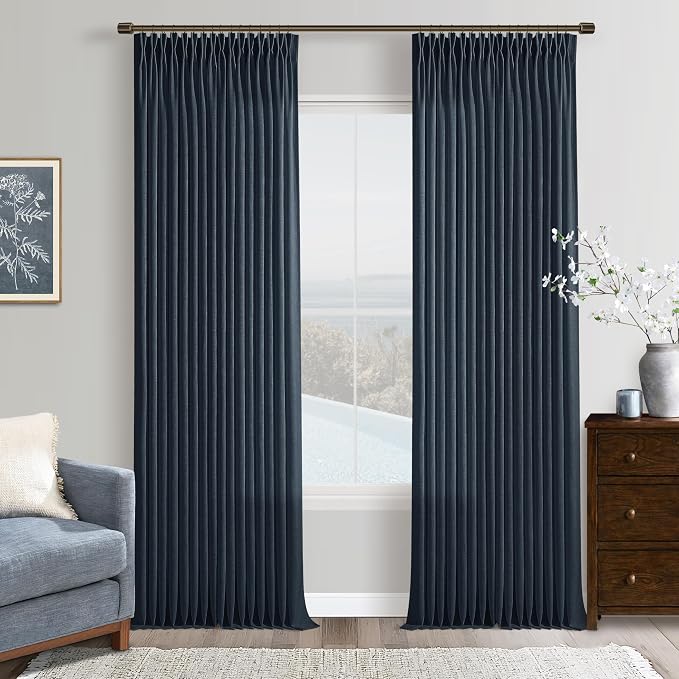 Extra Long Dark Blue Linen Curtains 120 Inches Long Modern Ocean Navy Curtain Light Filtering Semi Sheer Back Tab Pinch Pleat Curtain for Tall Ceiling Living Room 2 Panels 50 by 120 Inch Length