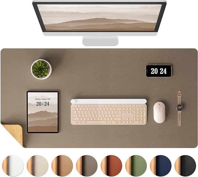 Aothia Dual-Sided Desk Pad - Leather Desk Mat, Natural Cork Desk Pad Protector, Large Mouse Pad for Desk, Waterproof Desk Blotter Pad, Desk Writing Pad for Office Work/Home, Coffee (35.4" x 15.7")