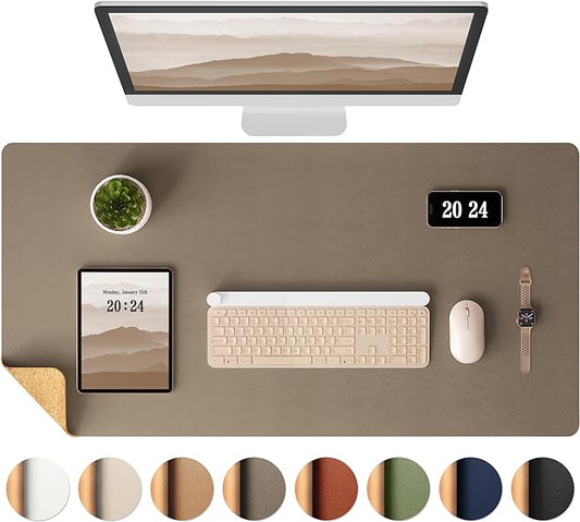 Aothia Dual-Sided Desk Pad - Leather Desk Mat, Natural Cork Desk Pad Protector, Large Mouse Pad for Desk, Waterproof Desk Blotter Pad, Desk Writing Pad for Office Work/Home, Coffee (35.4" x 15.7")