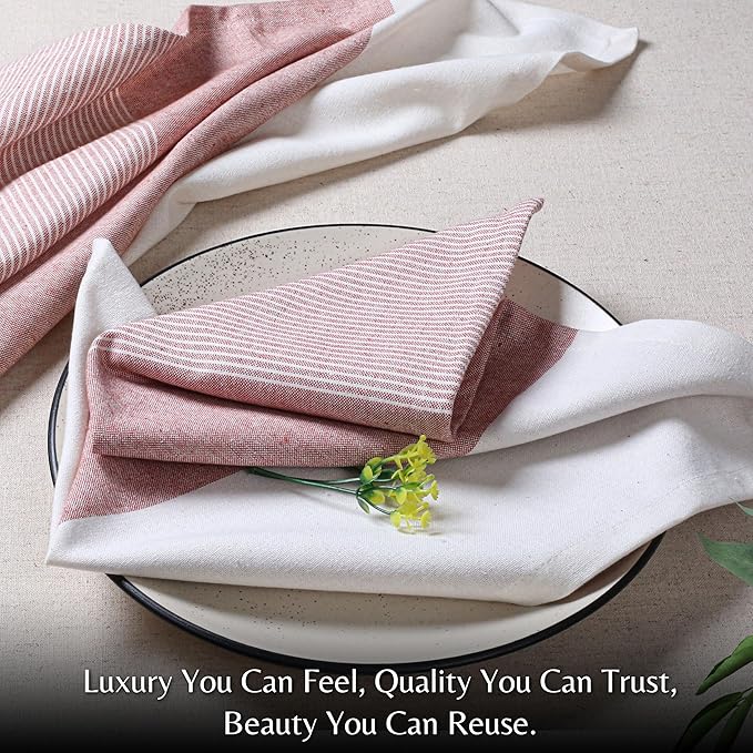 Ramanta Home Cloth Napkins Set of 12 18x18 Inches - Spring Basket Decor Block Striped Dinner Napkins for Easter Farmhouse Wedding, Washable Soft Cotton Durable Table Linen for Everyday Use - Rust