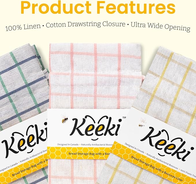 Keeki Reusable Beeswax Lined Bread Bag Bundle – 2-Pack Set Includes Standard Yellow Bag & Extra Long Blue Baguette Bag – Food Storage for Sourdough, Boules & Long Loaves