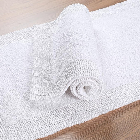 Bedding Craft Reversible White Cotton Bath Mat Rug – 17x24, Water Absorbent, Machine Washable Bathroom Rug Mat for Outside Bathtub