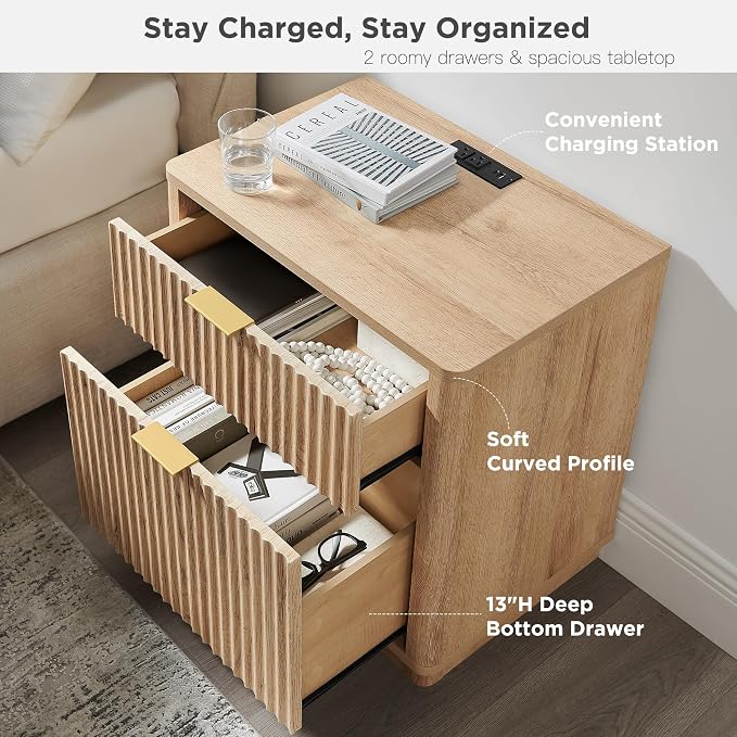 T4TREAM 23'' Fluted Nightstand Set of 2 with Charging Station, Large 2 Drawer Side Table, Modern End Table with Storage, Mid Century Bedside Table for Bedroom, Living Room, Curved Profile, Natural Oak