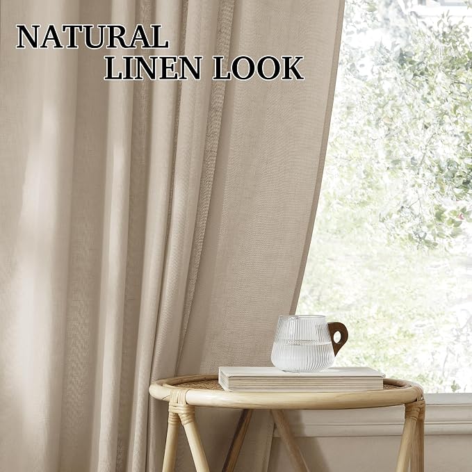 RYB HOME Guaze Burlap Curtains 95 inches Long, Large Window Treatment Back Tab Thick Linen Texture Fabric Privacy Added Drapery for Sliding Glass Door, Taupe, W 52 x L 95 inches, 2 Panels Set