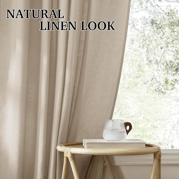 RYB HOME Semi Sheer Curtains 84 inches 2 Panels Set, Faux Linen Texture Light Filtering Airy Half Privacy Gauze Curtain Cortina for Home Office Farmhouse, W 52 x L 84, Taupe