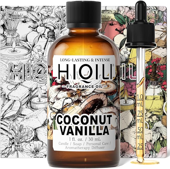 HIQILI Coconut Vanilla Fragrance Oil for Diffuser & Aromatherapy - 1 Fl Oz | for Candle & Soap Making Supplies, Essential Oils for Home and Car Humidifier - 30 ML
