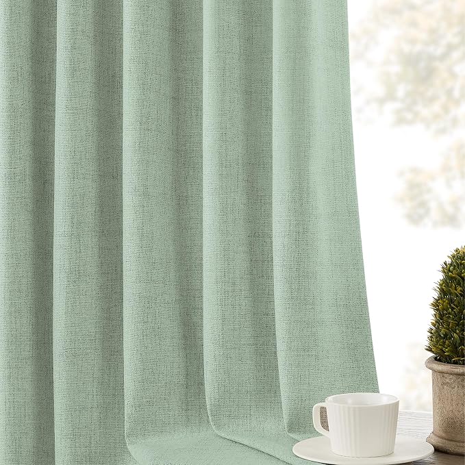 CUCRAF Linen 100% Blackout Curtains 72 Inch Length 2 Panels Set, Back Tab and Rod Pocket Curtain for Living Room Bedroom, Room Darkening Window Drapes Thermal Insulated, (37x72 inch, Sage Green)