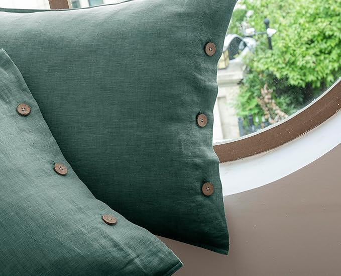 EVERLY 100% Linen Pillowcases Set of 2, French Linen from Normandy, 20X26Inch Standard Size, Natural Color, Coconut Buttons Closure, Flax Pillowshams-Pillowcase-Aqua