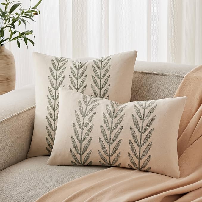100% Cotton Farmhouse Leaves Throw Pillow Covers Set of 2, 16x16 Inch Green Pastoral Decorative Print Cushion Covers for Sofa Bed Living Room Home Decor