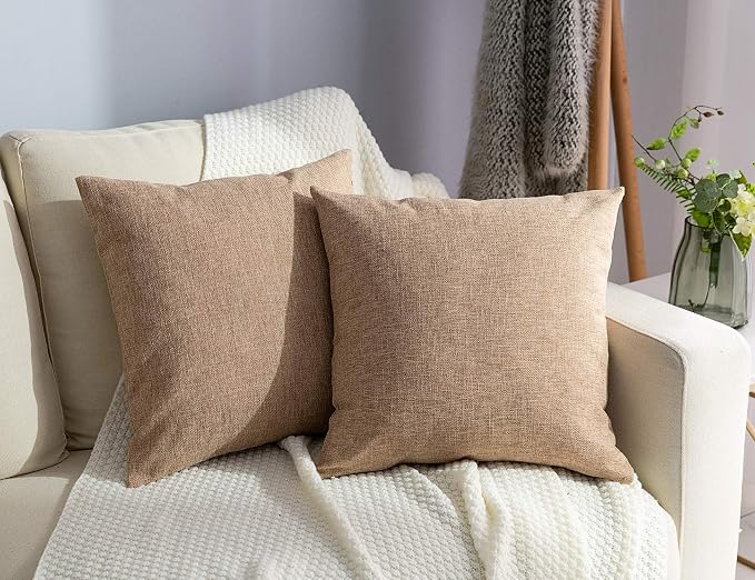 Stellhome Linen Throw Pillow Covers Square Solid Farmhouse Burlap Cushion Covers for Bed Couch Sofa Bench, 26 x 26 inch (65 cm), Natural Linen, Set of 2