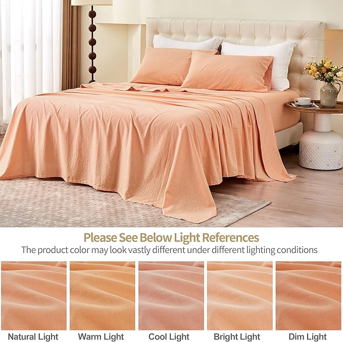 BISELINA Linen Sheet French Flax Flat Sheet Only 55% Euro Linen 45% Cotton Basic Style Solid Color Soft Breathable Farmhouse Top Sheet 1-Piece (Twin, Peach)