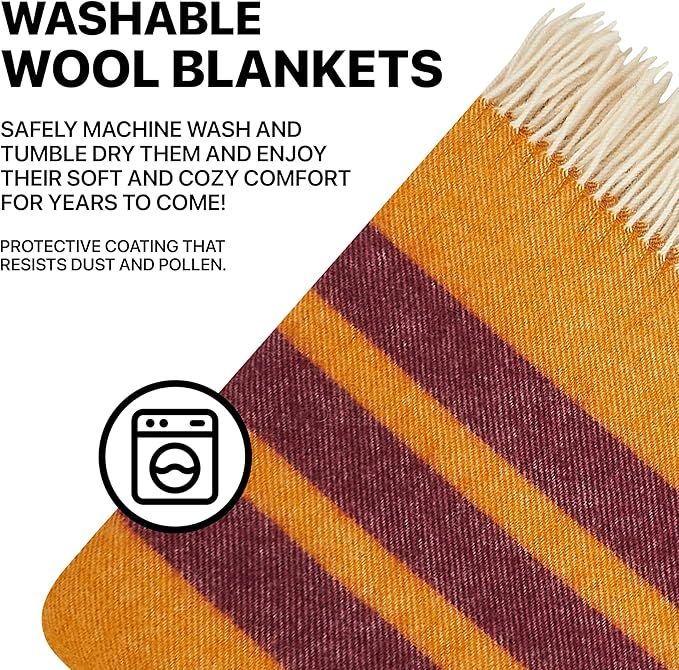 New Zealand Virgin Wool Throw Blanket, Indoor & Outdoor Blankets and Throws, Striped Soft Blanket with Fringes, 55 x 79 in (140 x 200 cm), Mustard Red