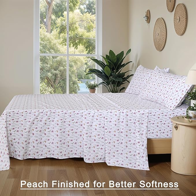 RUVANTI 100% Cotton Organic Percale Sheets Queen Size – Crisp Cooling Bed Sheets for Hot Sleepers, Deep Pocket 15”, Soft Peach Finish, Breathable & Durable Hotel-Style 4 Pcs, Obsessed Stems