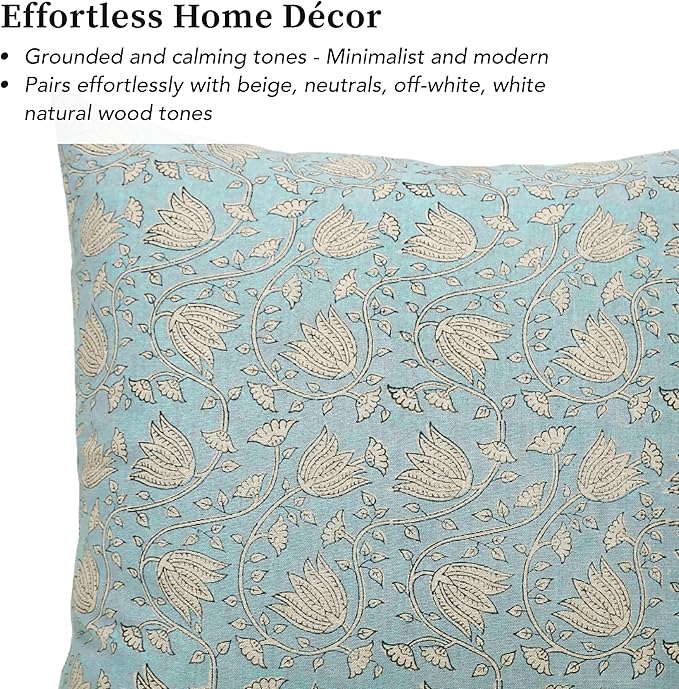 Handmade Block Print 100% Thick Cotton 20 x 20 inch Throw Pillow Cushion Cover with Zipper - Pillowcase for Bedroom, livingroom, Couch, Sofa, Outdoor, Chair, Bed, Home Décor- Sansa (Misty Blue)