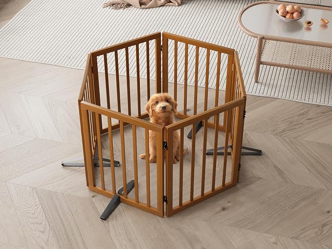 Semiocthome Walnut Dog Gates for Doorways, 6-Panel Freestanding Dog Gate Indoor for the House Stairs, 24" H Foldable Wooden Pet Gates with 4PCS Metal Stands, Expands Up to 110" (W)