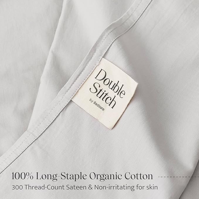 Double Stitch 100% Organic Cotton Sheets, Queen Sheet Set, GOTS Certified Long Staple Cotton Bedsheets, Luxury & Soft Hotel Bed Sheets with 16 inches Deep Pocket, Made in India Light Grey