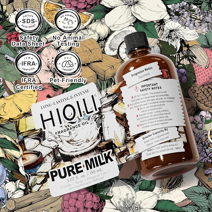 HIQILI Pure Milk Fragrance Oil for Soap Making & Body Wash - 5.07 Fl Oz | Long-Lasting Scent, Suitable for Home Diffuser, Making Candle, Scrub, Skin Product, Pet Safe, Graduated Dropper Included