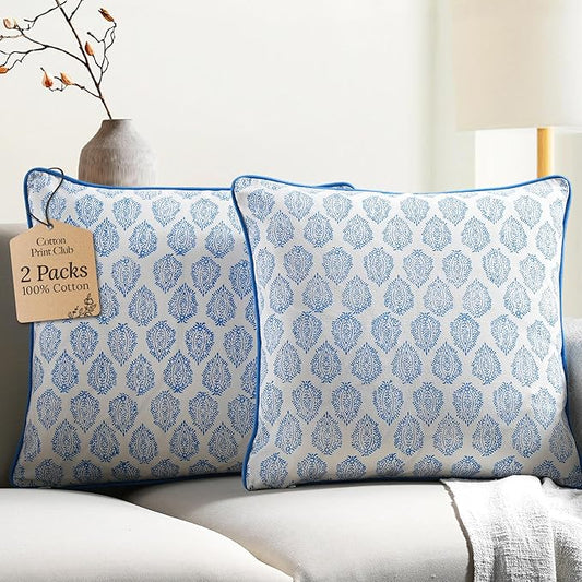 CPC 100% Cotton Throw Pillow Covers 24x24 Inch, Set of 2 Green Block Print Pattern Couch Pillow, Cute Boho Decorative Pillows for Living Room, Bedroom with Hidden Zipper- Royal Blue