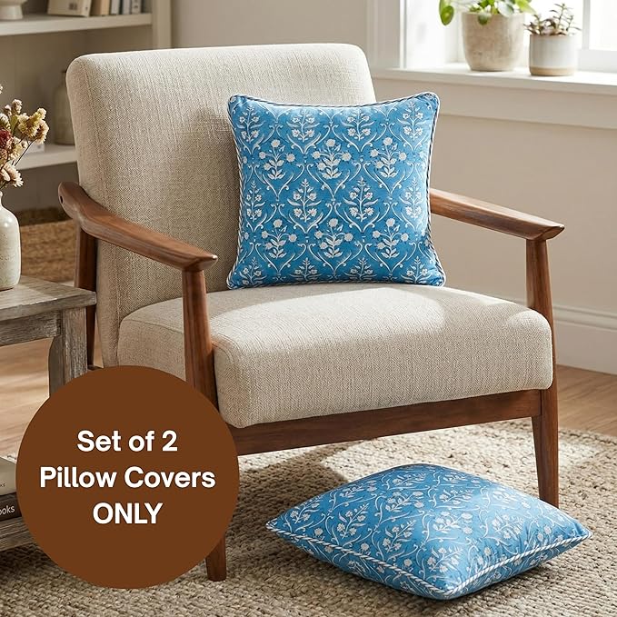 ATOSII Block Print Throw Pillow Covers, 20 X 20 - Set of 2, Decorative Couch Pillows for Living Room Bed Sofa, 100% Cotton Canvas Pillow Case for Home Decor & Outdoors, Preppy Throws - Maya Blue