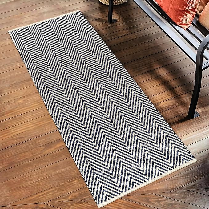 Cotton Chevron Hand Woven Area Runner Rug 2x6 Feet - Navy Blue, Farmhouse Decorative Floor Runners Ideal for Hallways, Kitchen, Bedroom | Nursery Durable Geometric Reversible Living Space Patio Mats