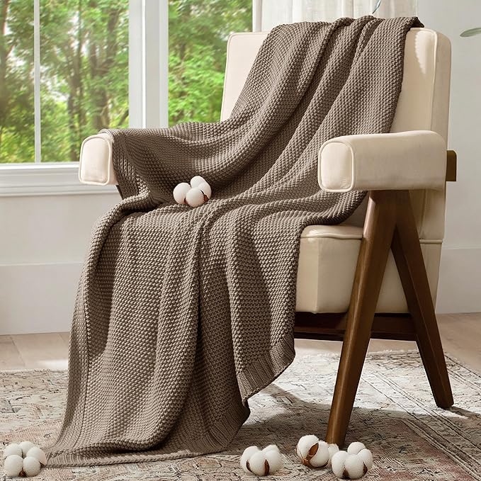 100% Cotton Cable Knit Throw Blanket, Large Lightweight Soft Knit Blanket for Sofa Couch Bed, Breathable All-Season Throw, Cozy Decorative Blanket, 60 x 80 Inch,Taupe