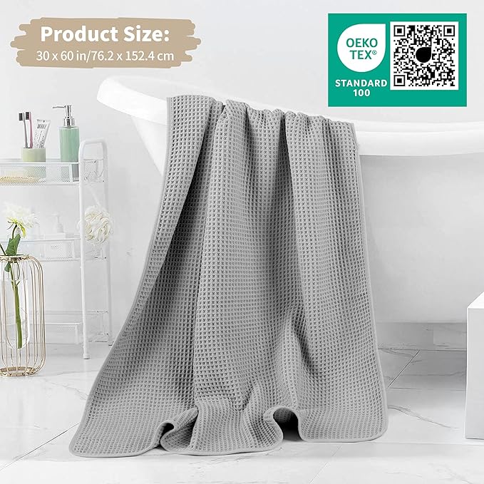 MICROFI New Microfiber Waffle Bath Towels, 2 Pieces, Soft, Absorbent, Fast Drying, Lint Free 430 GSM (Beige+Silver)