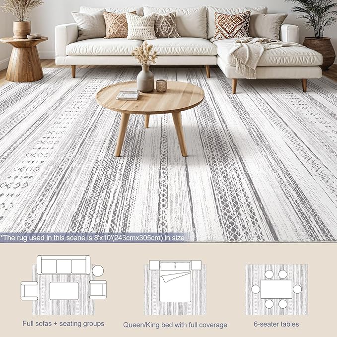 Tortania Area Rug Living Room Rugs - 8x10 Washable Large Soft Neutral Boho Moroccan Bohemian Farmhouse Rug Indoor Floor Carpet for Bedroom Under Dining Table Home Office Decor - Light Grey