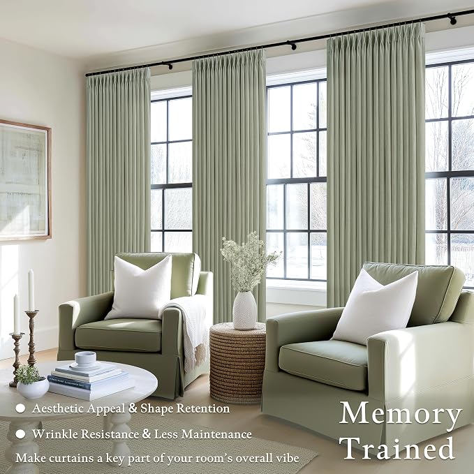 Sage Green Textured Linen Blend Curtains 102 Inches Long for Dining Room Living Pinch Pleated Ceiling Track Semi Sheer Curtains with Hooks Rings Light Filtering Drapes 50 W x 102 L 2 Panels Set