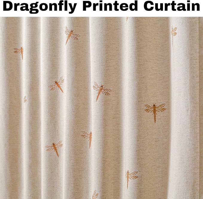 Bedding Craft Flax Linen Curtain Drape 50x108 Inch – Dragonfly Embroidery Drape, Natural Flax Room Darkening Panels, Taupe Curtains for Living Room, Bedroom, Modern Window Decor