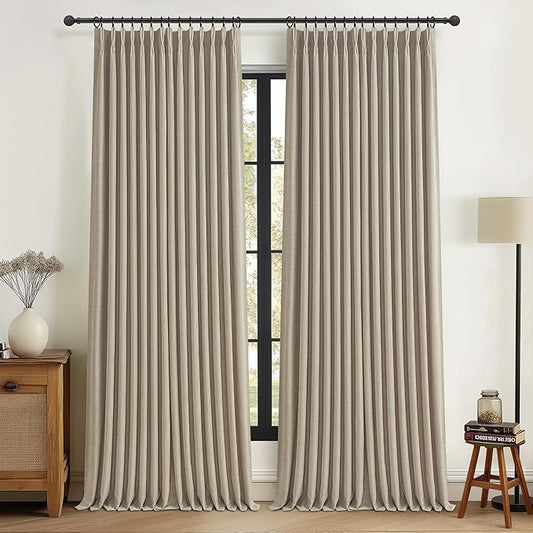 Greyish Beige Lush Decor Floor to Ceiling Viral Curtains 120 Inches Long for Sliding Glass Door, Pinch Pleat Blackout Double Layer Thick Linen Drape Energy Saving UV Blocking 120 Inch Curtain Panels 2