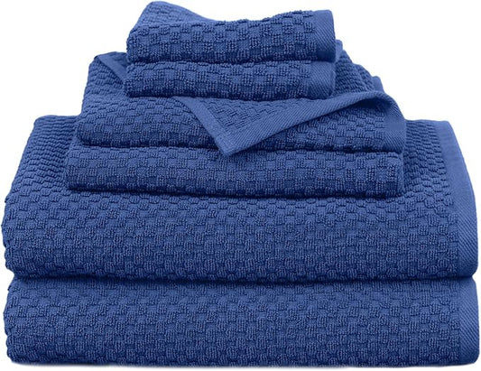 COTTON CRAFT Waffle 6 Piece Towel Set - 100% Cotton - 2 Oversized Luxury Euro Spa Waffle Weave Large Bath Towels, 2 Hand Towels, 2 Washcloths - Absorbent Quick Dry Hotel Bathroom Shower Pool - Blue