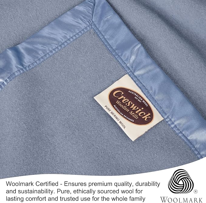 Creswick Woollen Mills 100% Australian Merino Wool Blanket – Soft Warm and Natural with Satin Binding, Breathable Luxury Bedding for All Seasons, (French Blue, King Size)