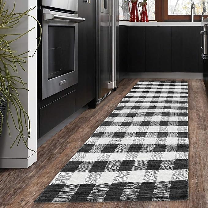 GLAMBURG Cotton Reversible Area Runner Rug 2' x 6' for Bedroom Living Room Kitchen Hallways Front Porch Laundry Room, Handwoven Farmhouse Floor Mat, Washable Checkered Plaid Runner Rug Black White